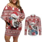 Australia Christmas In July Couples Matching Off Shoulder Short Dress and Long Sleeve Button Shirt Kookaburra Santa Red Color