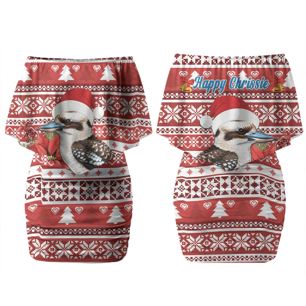 Australia Christmas In July Couples Matching Off Shoulder Short Dress and Long Sleeve Button Shirt Kookaburra Santa Red Color LT22
