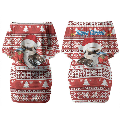 Australia Christmas In July Couples Matching Off Shoulder Short Dress and Long Sleeve Button Shirt Kookaburra Santa Red Color LT22