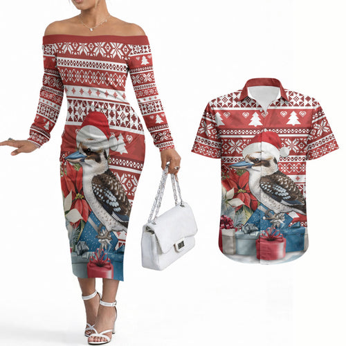 Australia Christmas In July Couples Matching Off The Shoulder Long Sleeve Dress and Hawaiian Shirt Kookaburra Santa Red Color
