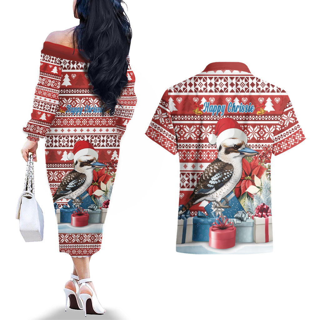 Australia Christmas In July Couples Matching Off The Shoulder Long Sleeve Dress and Hawaiian Shirt Kookaburra Santa Red Color