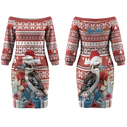 Australia Christmas In July Couples Matching Off The Shoulder Long Sleeve Dress and Hawaiian Shirt Kookaburra Santa Red Color LT22