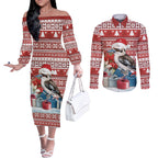 Australia Christmas In July Couples Matching Off The Shoulder Long Sleeve Dress and Long Sleeve Button Shirt Kookaburra Santa Red Color