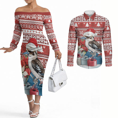 Australia Christmas In July Couples Matching Off The Shoulder Long Sleeve Dress and Long Sleeve Button Shirt Kookaburra Santa Red Color