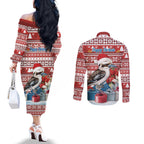 Australia Christmas In July Couples Matching Off The Shoulder Long Sleeve Dress and Long Sleeve Button Shirt Kookaburra Santa Red Color