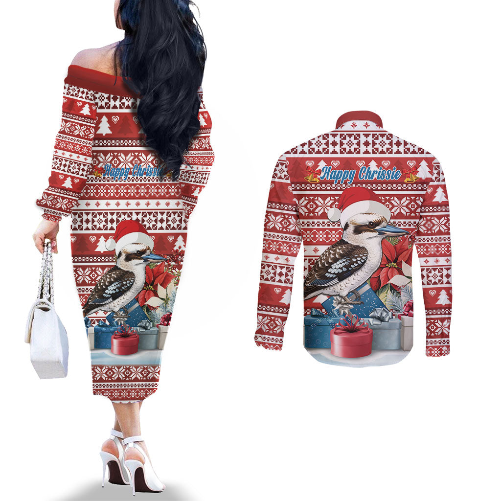 Australia Christmas In July Couples Matching Off The Shoulder Long Sleeve Dress and Long Sleeve Button Shirt Kookaburra Santa Red Color