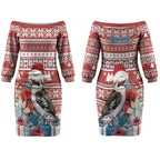 Australia Christmas In July Couples Matching Off The Shoulder Long Sleeve Dress and Long Sleeve Button Shirt Kookaburra Santa Red Color LT22