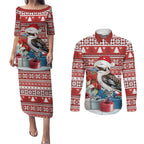 Australia Christmas In July Couples Matching Puletasi and Long Sleeve Button Shirt Kookaburra Santa Red Color