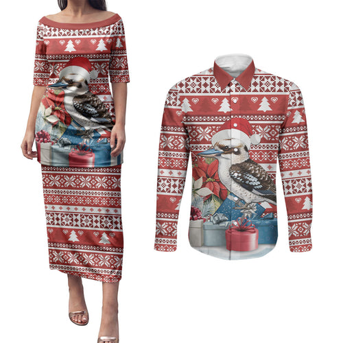 Australia Christmas In July Couples Matching Puletasi and Long Sleeve Button Shirt Kookaburra Santa Red Color