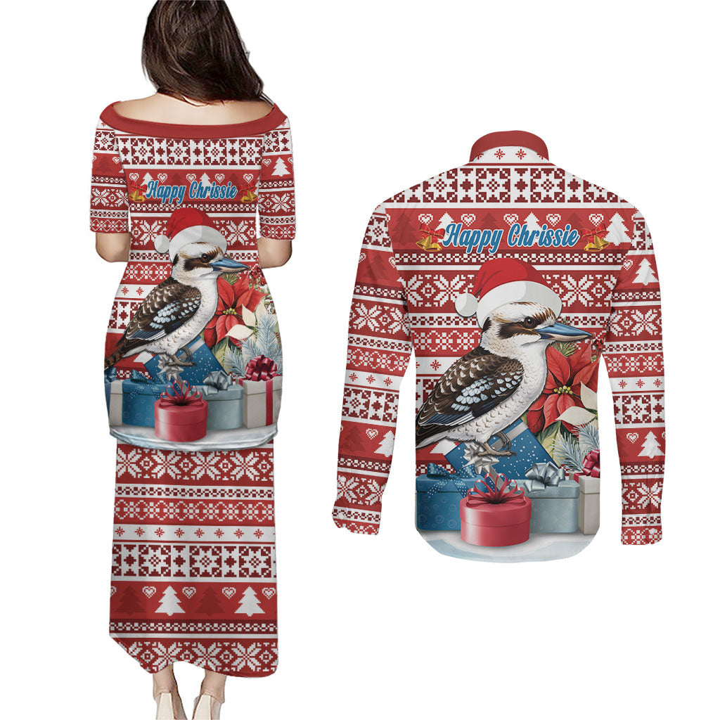 Australia Christmas In July Couples Matching Puletasi and Long Sleeve Button Shirt Kookaburra Santa Red Color