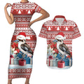 Australia Christmas In July Couples Matching Short Sleeve Bodycon Dress and Hawaiian Shirt Kookaburra Santa Red Color