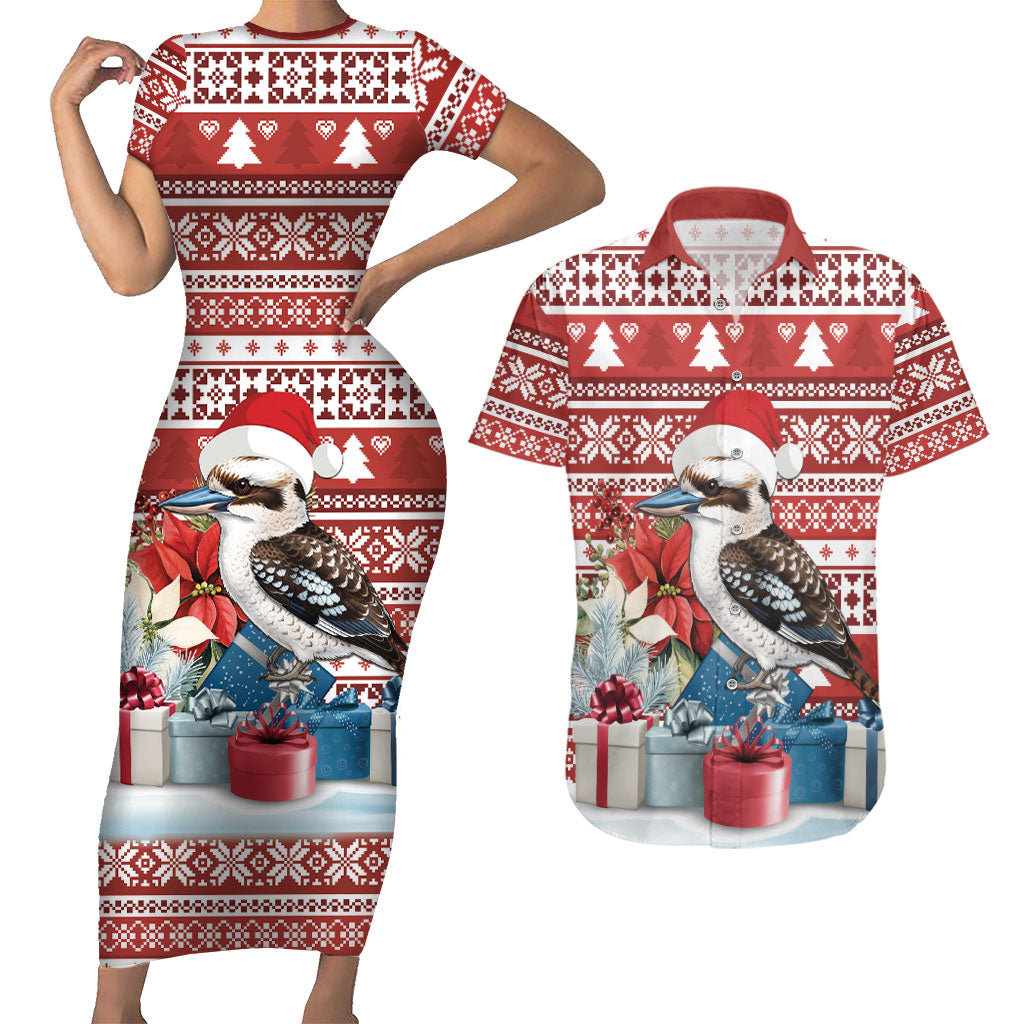 Australia Christmas In July Couples Matching Short Sleeve Bodycon Dress and Hawaiian Shirt Kookaburra Santa Red Color
