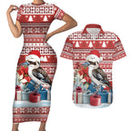 Australia Christmas In July Couples Matching Short Sleeve Bodycon Dress and Hawaiian Shirt Kookaburra Santa Red Color