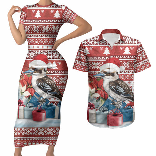 Australia Christmas In July Couples Matching Short Sleeve Bodycon Dress and Hawaiian Shirt Kookaburra Santa Red Color
