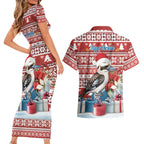 Australia Christmas In July Couples Matching Short Sleeve Bodycon Dress and Hawaiian Shirt Kookaburra Santa Red Color