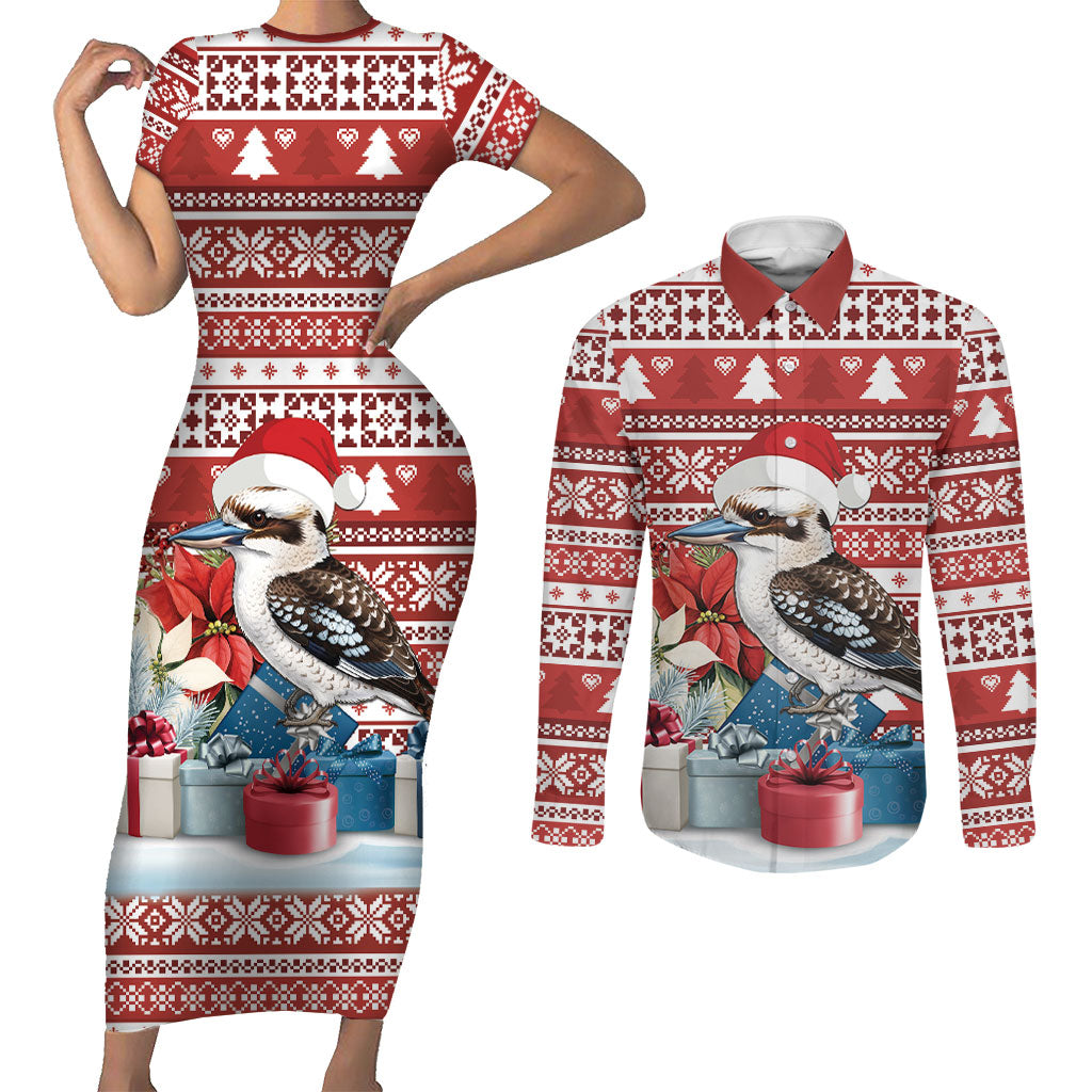 Australia Christmas In July Couples Matching Short Sleeve Bodycon Dress and Long Sleeve Button Shirt Kookaburra Santa Red Color