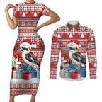 Australia Christmas In July Couples Matching Short Sleeve Bodycon Dress and Long Sleeve Button Shirt Kookaburra Santa Red Color
