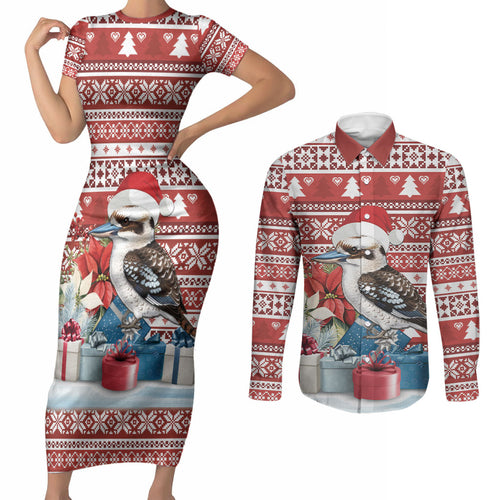 Australia Christmas In July Couples Matching Short Sleeve Bodycon Dress and Long Sleeve Button Shirt Kookaburra Santa Red Color