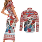 Australia Christmas In July Couples Matching Short Sleeve Bodycon Dress and Long Sleeve Button Shirt Kookaburra Santa Red Color