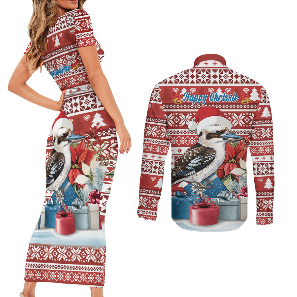 Australia Christmas In July Couples Matching Short Sleeve Bodycon Dress and Long Sleeve Button Shirt Kookaburra Santa Red Color