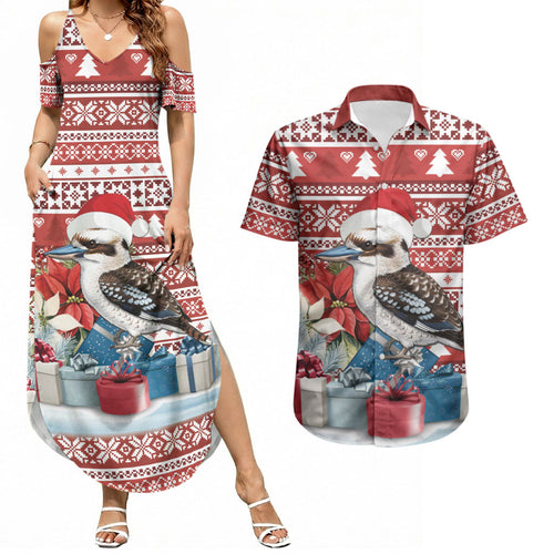 Australia Christmas In July Couples Matching Summer Maxi Dress and Hawaiian Shirt Kookaburra Santa Red Color