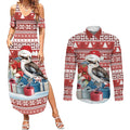 Australia Christmas In July Couples Matching Summer Maxi Dress and Long Sleeve Button Shirt Kookaburra Santa Red Color
