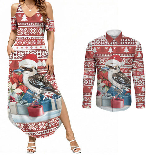 Australia Christmas In July Couples Matching Summer Maxi Dress and Long Sleeve Button Shirt Kookaburra Santa Red Color
