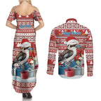 Australia Christmas In July Couples Matching Summer Maxi Dress and Long Sleeve Button Shirt Kookaburra Santa Red Color