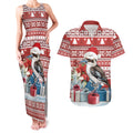 Australia Christmas In July Couples Matching Tank Maxi Dress and Hawaiian Shirt Kookaburra Santa Red Color