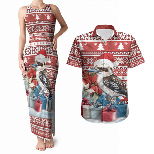 Australia Christmas In July Couples Matching Tank Maxi Dress and Hawaiian Shirt Kookaburra Santa Red Color