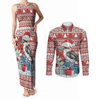 Australia Christmas In July Couples Matching Tank Maxi Dress and Long Sleeve Button Shirt Kookaburra Santa Red Color
