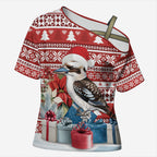 Australia Christmas In July Cross Shoulder Shirt Kookaburra Santa Red Color