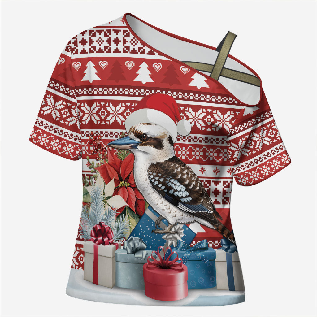 Australia Christmas In July Cross Shoulder Shirt Kookaburra Santa Red Color
