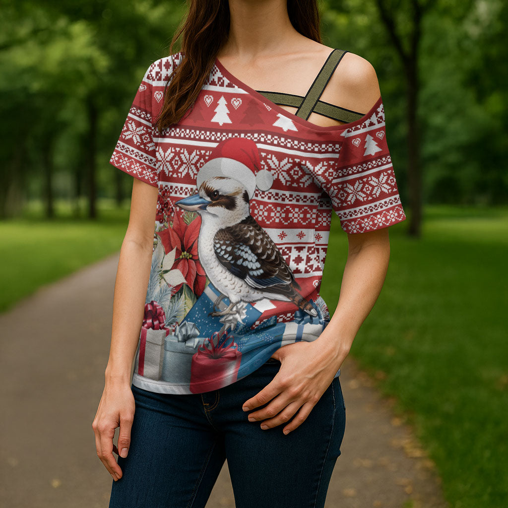 Australia Christmas In July Cross Shoulder Shirt Kookaburra Santa Red Color