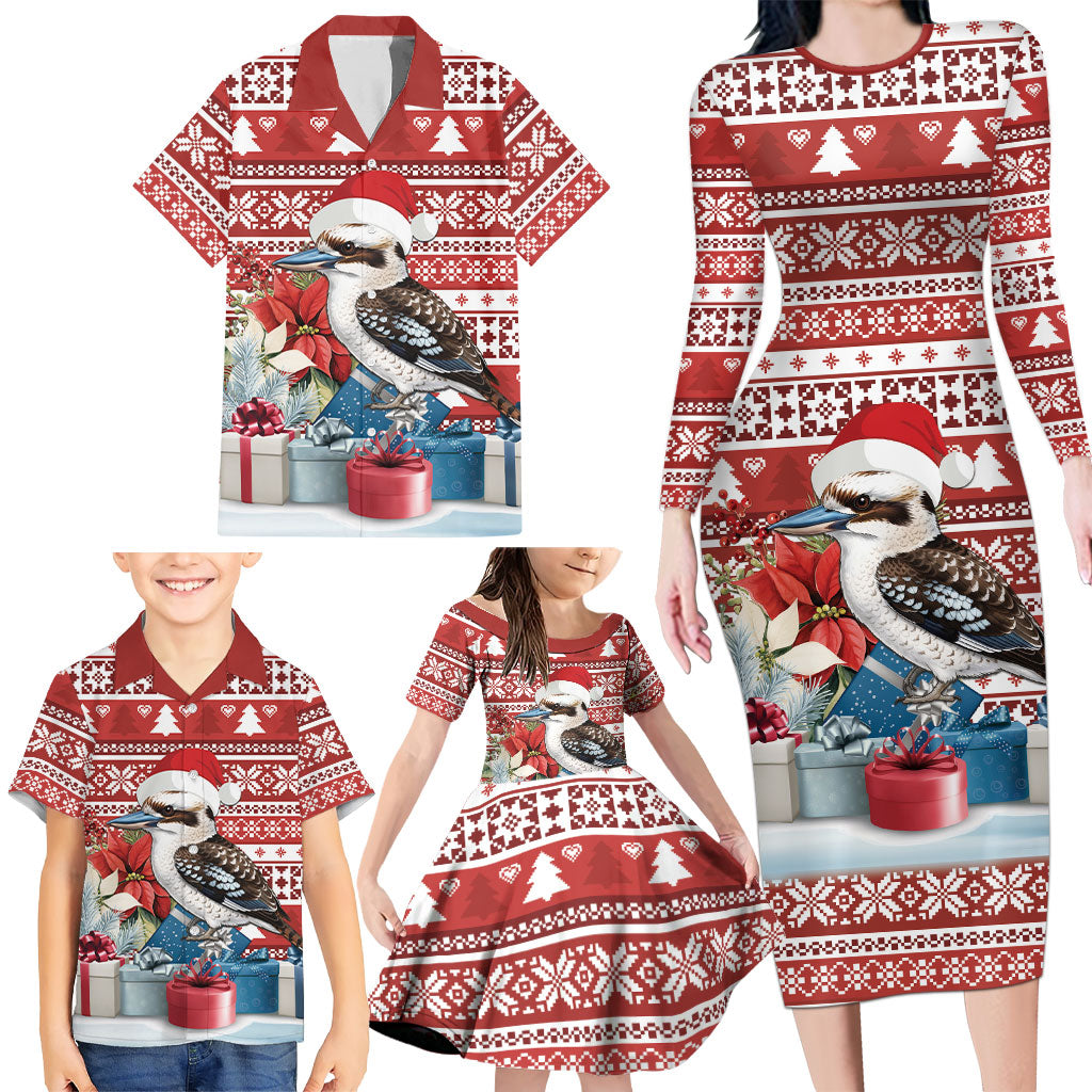 Australia Christmas In July Family Matching Long Sleeve Bodycon Dress and Hawaiian Shirt Kookaburra Santa Red Color