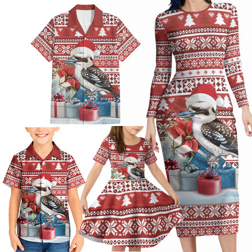 Australia Christmas In July Family Matching Long Sleeve Bodycon Dress and Hawaiian Shirt Kookaburra Santa Red Color