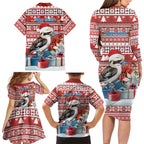 Australia Christmas In July Family Matching Long Sleeve Bodycon Dress and Hawaiian Shirt Kookaburra Santa Red Color