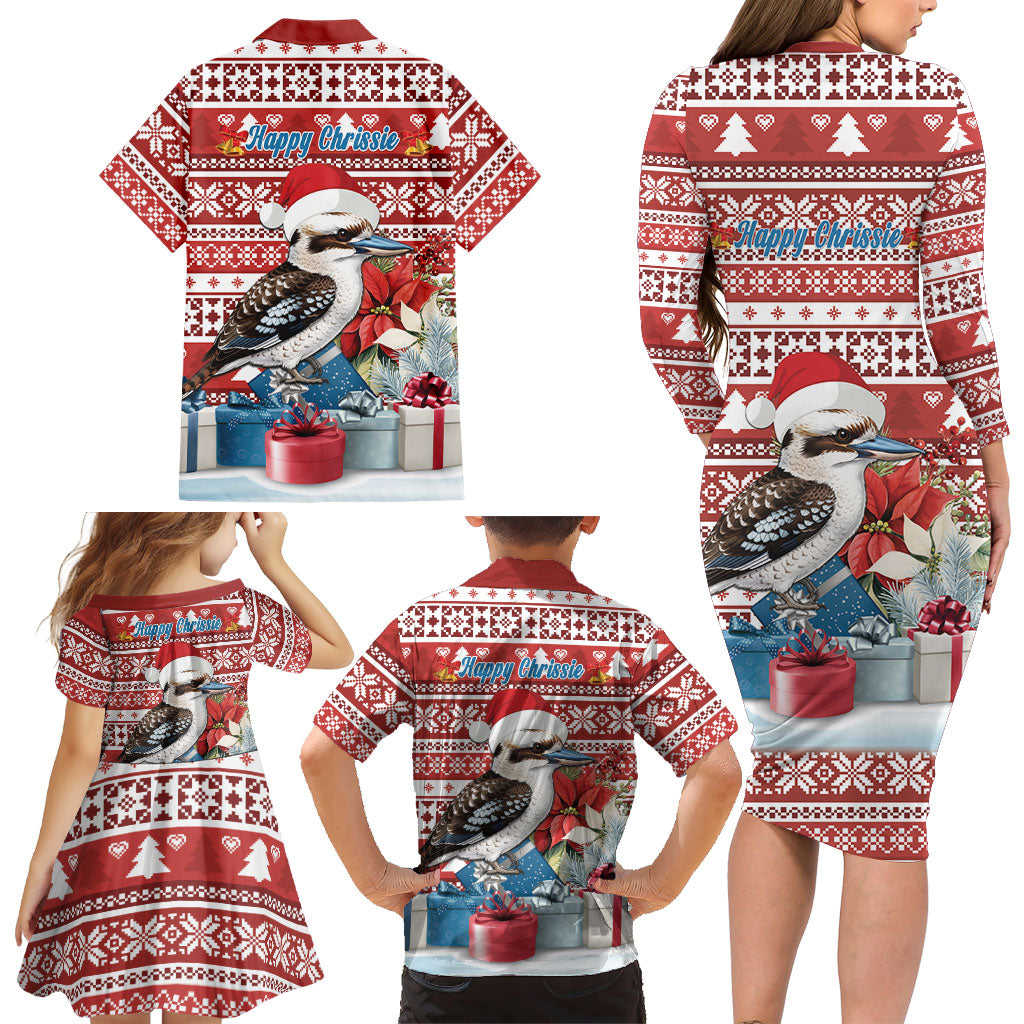 Australia Christmas In July Family Matching Long Sleeve Bodycon Dress and Hawaiian Shirt Kookaburra Santa Red Color