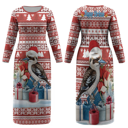 Australia Christmas In July Family Matching Long Sleeve Bodycon Dress and Hawaiian Shirt Kookaburra Santa Red Color