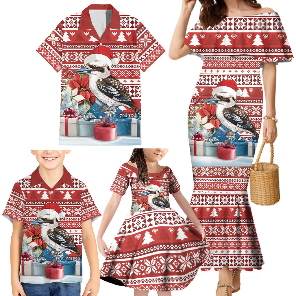 Australia Christmas In July Family Matching Mermaid Dress and Hawaiian Shirt Kookaburra Santa Red Color