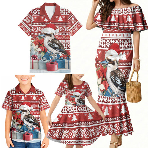 Australia Christmas In July Family Matching Mermaid Dress and Hawaiian Shirt Kookaburra Santa Red Color