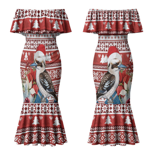 Australia Christmas In July Family Matching Mermaid Dress and Hawaiian Shirt Kookaburra Santa Red Color