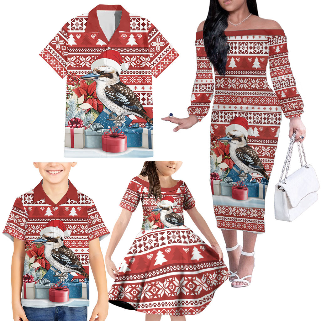 Australia Christmas In July Family Matching Off The Shoulder Long Sleeve Dress and Hawaiian Shirt Kookaburra Santa Red Color