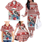 Australia Christmas In July Family Matching Off The Shoulder Long Sleeve Dress and Hawaiian Shirt Kookaburra Santa Red Color