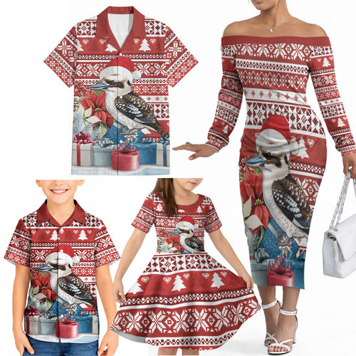 Australia Christmas In July Family Matching Off The Shoulder Long Sleeve Dress and Hawaiian Shirt Kookaburra Santa Red Color