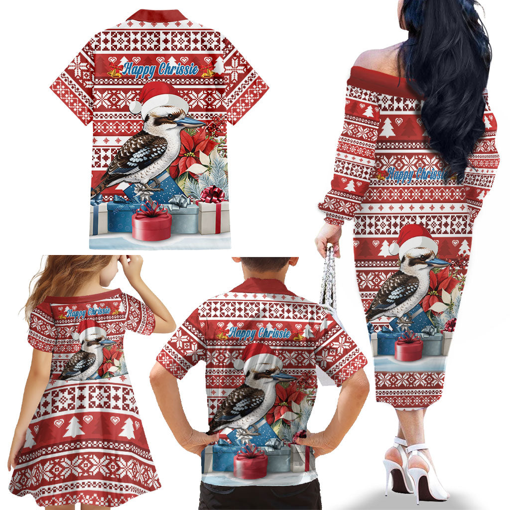 Australia Christmas In July Family Matching Off The Shoulder Long Sleeve Dress and Hawaiian Shirt Kookaburra Santa Red Color