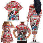 Australia Christmas In July Family Matching Off The Shoulder Long Sleeve Dress and Hawaiian Shirt Kookaburra Santa Red Color