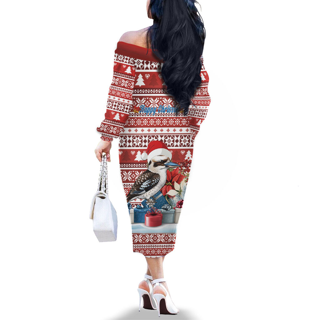 Australia Christmas In July Family Matching Off The Shoulder Long Sleeve Dress and Hawaiian Shirt Kookaburra Santa Red Color
