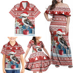 Australia Christmas In July Family Matching Off Shoulder Maxi Dress and Hawaiian Shirt Kookaburra Santa Red Color