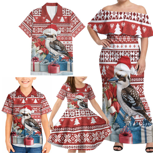 Australia Christmas In July Family Matching Off Shoulder Maxi Dress and Hawaiian Shirt Kookaburra Santa Red Color